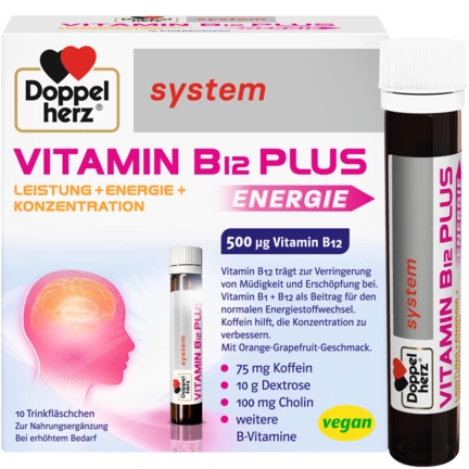 Illustration of the product packaging Doppelherz system  Vitamin B12 Plus Energie front view